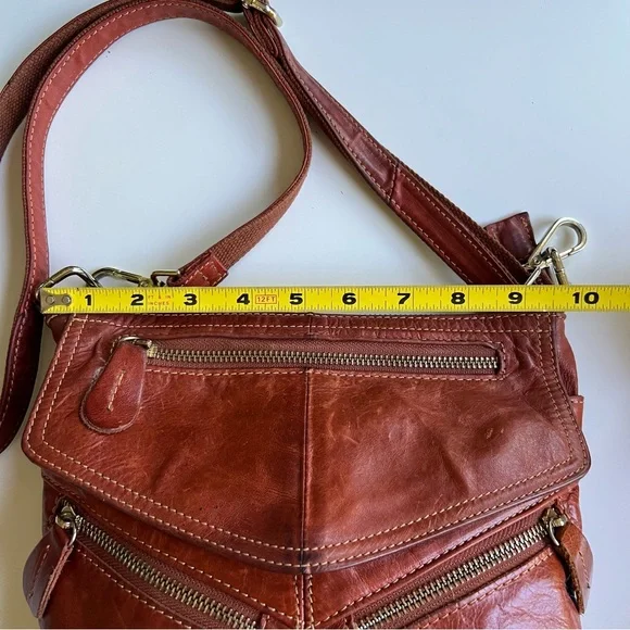 Genuine Leather Cognac Slouchy Hobo Multi Zip/Compartment Crossbody Bag - Picture 4 of 10
